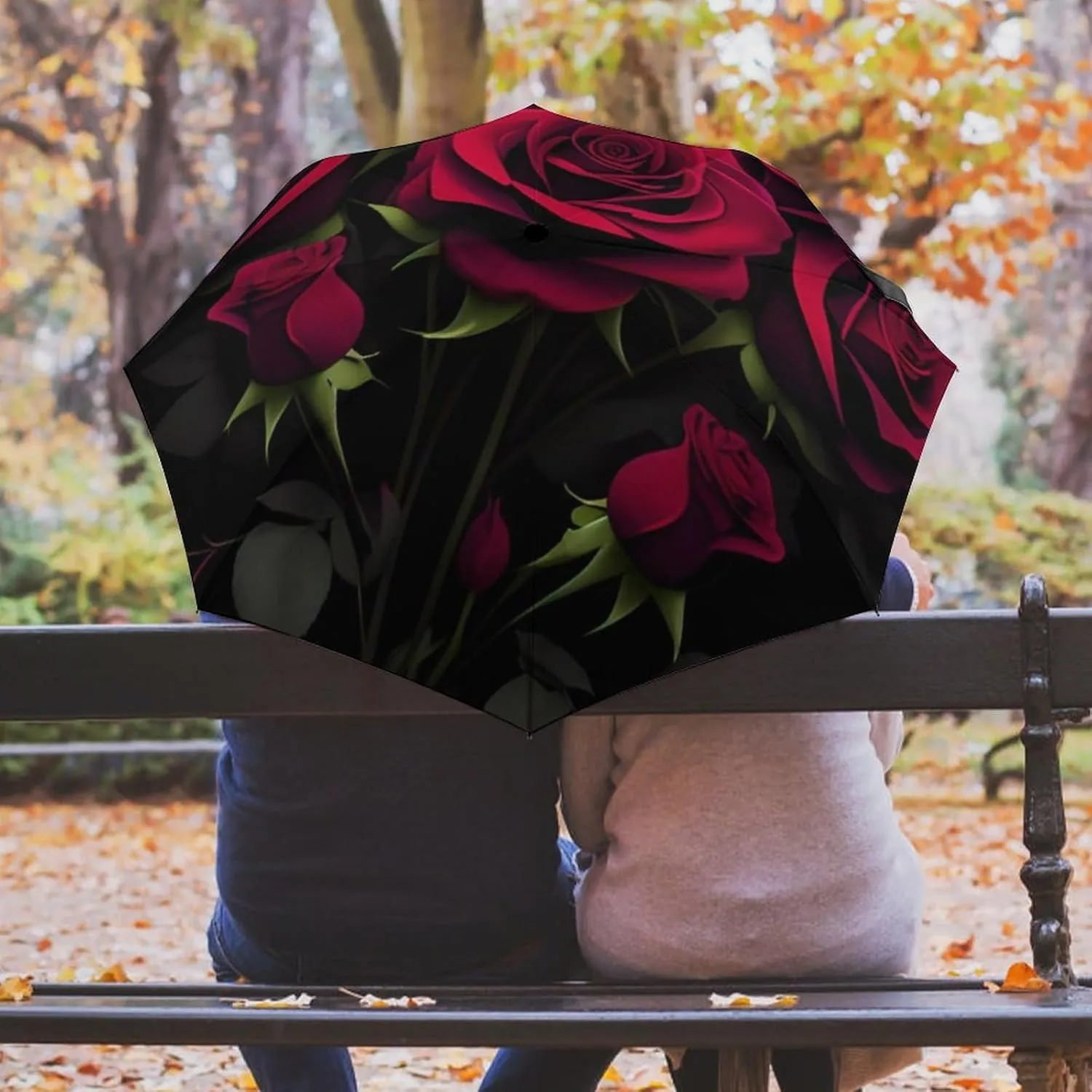 Compact Lightweight Portable Automatic Umbrellas with Teflon Coating/8 Ribs - Red Rose Art Outdoor Umbrellas Water Repellent Umbrella