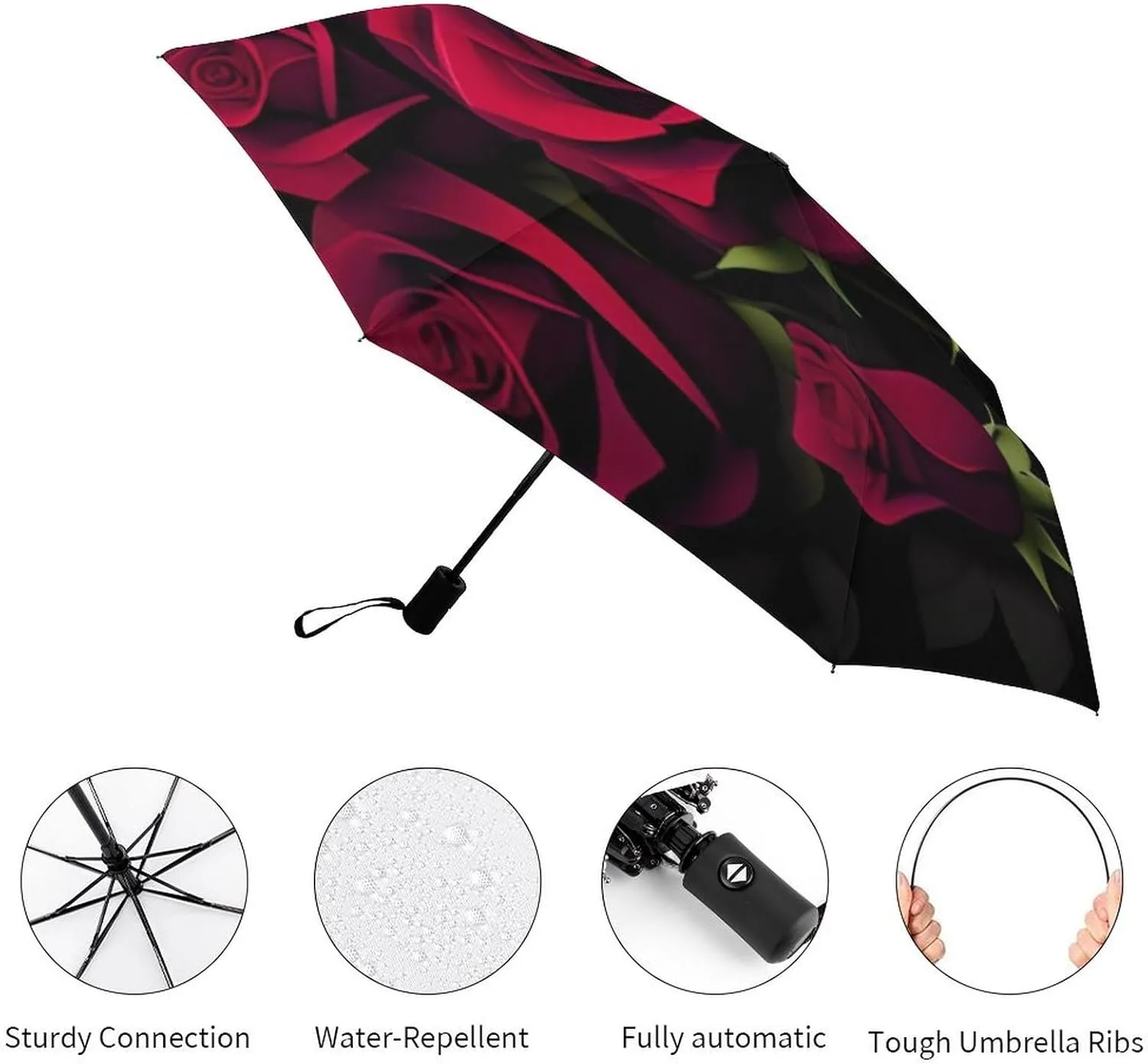 Compact Lightweight Portable Automatic Umbrellas with Teflon Coating/8 Ribs - Red Rose Art Outdoor Umbrellas Water Repellent Umbrella