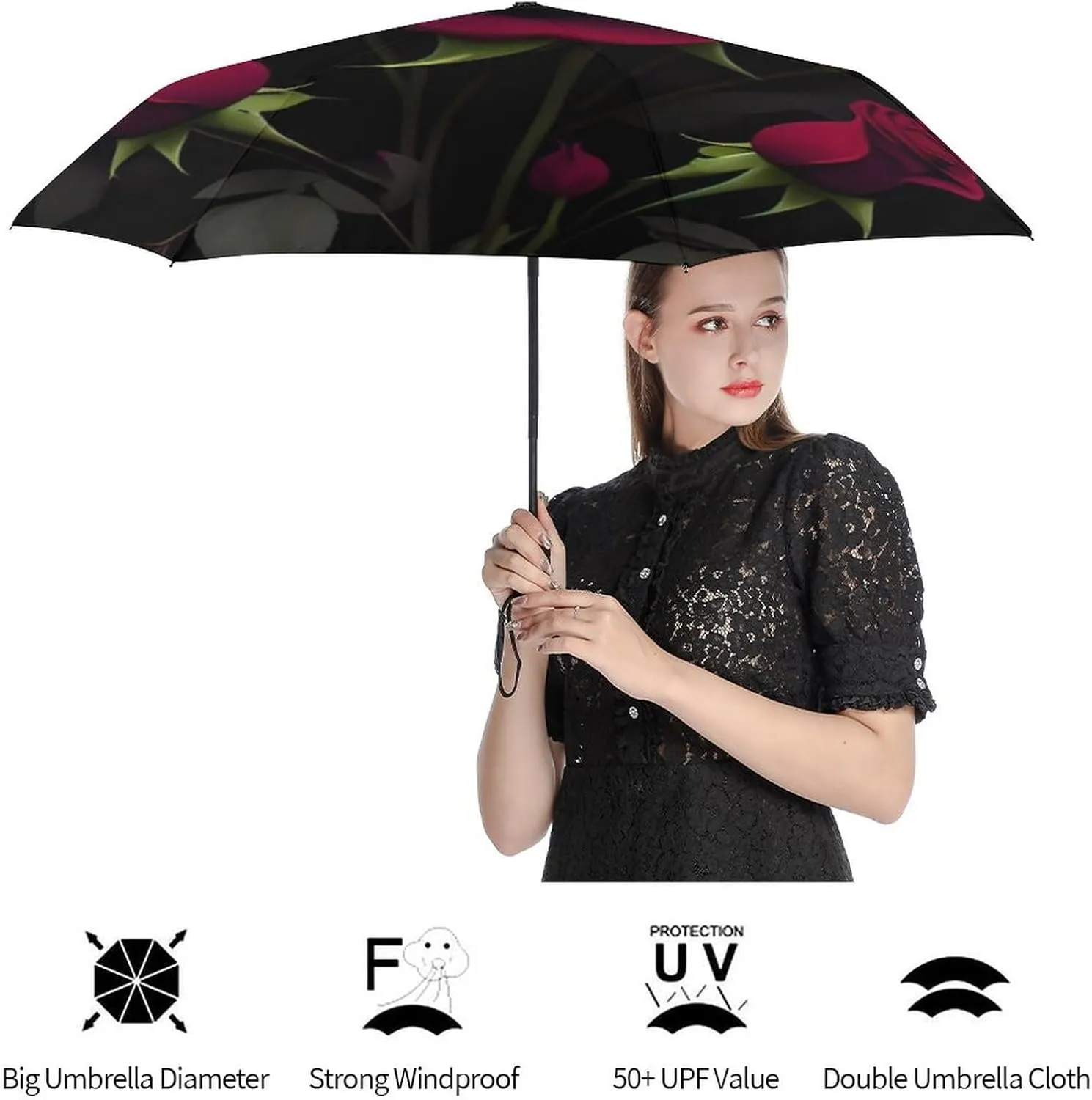 Compact Lightweight Portable Automatic Umbrellas with Teflon Coating/8 Ribs - Red Rose Art Outdoor Umbrellas Water Repellent Umbrella