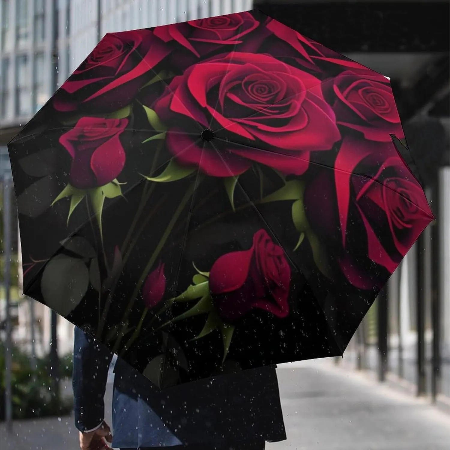 Compact Lightweight Portable Automatic Umbrellas with Teflon Coating/8 Ribs - Red Rose Art Outdoor Umbrellas Water Repellent Umbrella