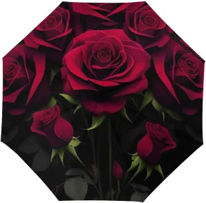 Compact Lightweight Portable Automatic Umbrellas with Teflon Coating/8 Ribs - Red Rose Art Outdoor Umbrellas Water Repellent Umbrella