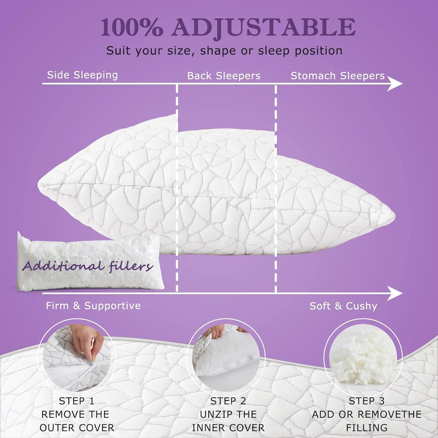 Cooling Shredded Memory Foam Pillow Queen Size Set of 2- Removable Bamboo Rayon Cover   Extra Gel Foam, 100% Adjustable for Side/Back/Stomach Sleepers, Oeko&CertiPUR-US Standard