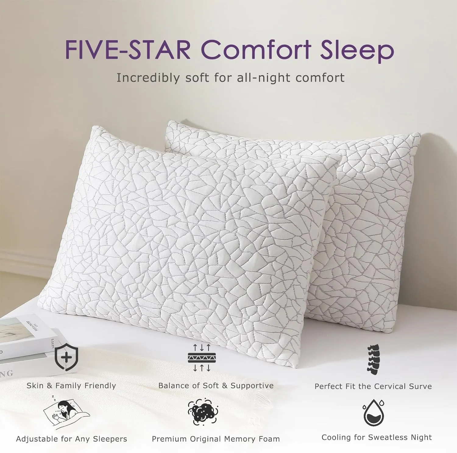 Cooling Shredded Memory Foam Pillow Queen Size Set of 2- Removable Bamboo Rayon Cover   Extra Gel Foam, 100% Adjustable for Side/Back/Stomach Sleepers, Oeko&CertiPUR-US Standard