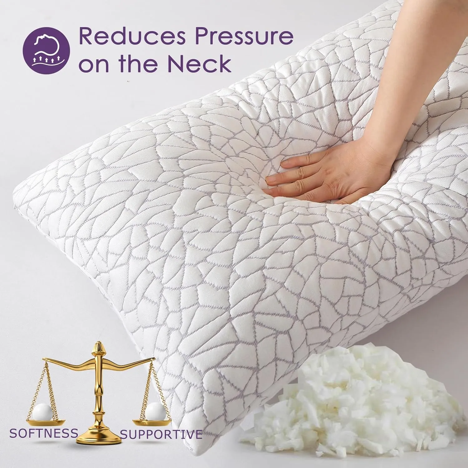 Cooling Shredded Memory Foam Pillow Queen Size Set of 2- Removable Bamboo Rayon Cover   Extra Gel Foam, 100% Adjustable for Side/Back/Stomach Sleepers, Oeko&CertiPUR-US Standard