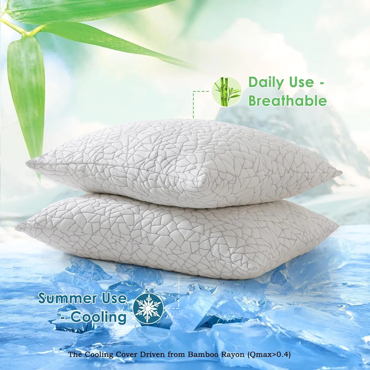 Cooling Shredded Memory Foam Pillow Queen Size Set of 2- Removable Bamboo Rayon Cover   Extra Gel Foam, 100% Adjustable for Side/Back/Stomach Sleepers, Oeko&CertiPUR-US Standard