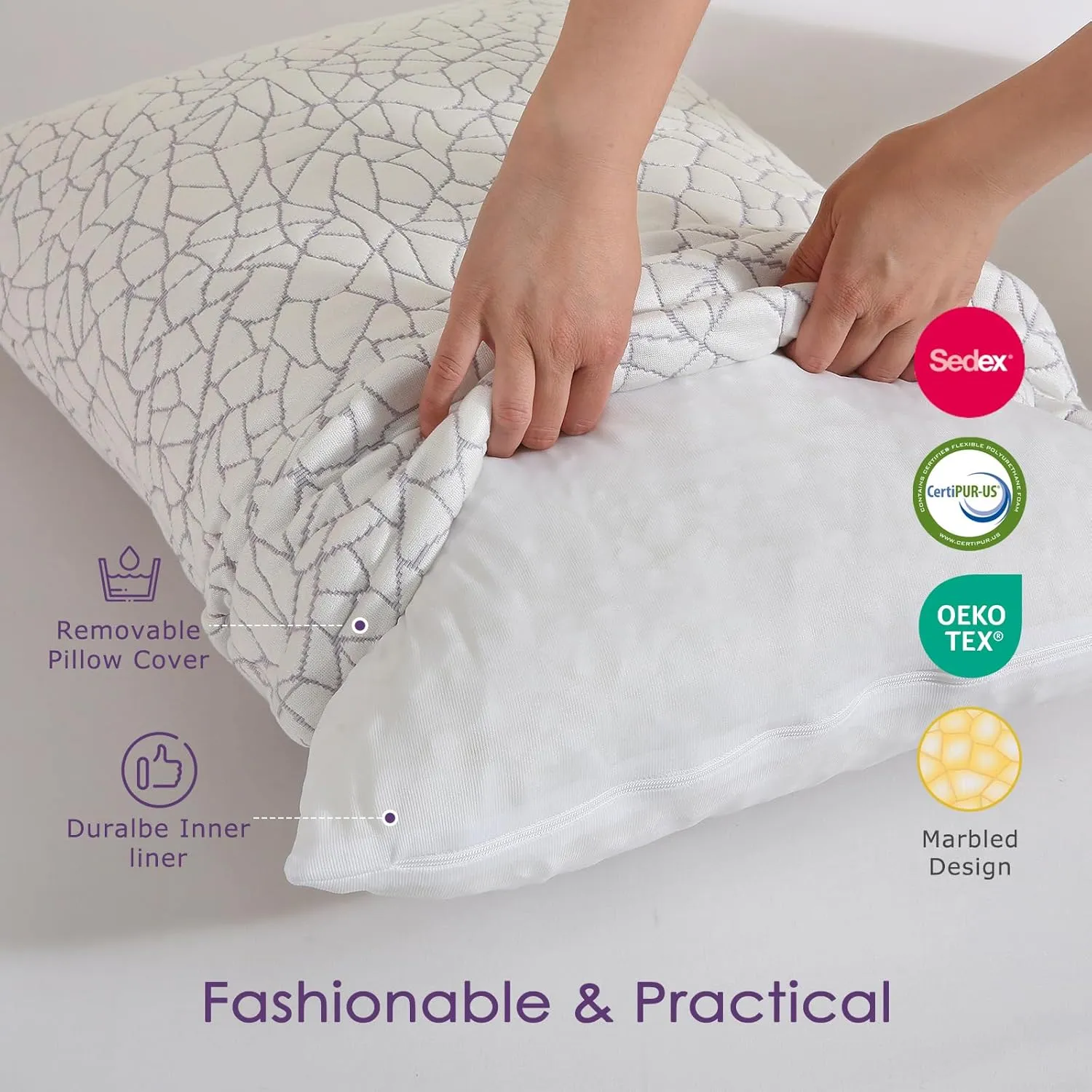 Cooling Shredded Memory Foam Pillow Queen Size Set of 2- Removable Bamboo Rayon Cover   Extra Gel Foam, 100% Adjustable for Side/Back/Stomach Sleepers, Oeko&CertiPUR-US Standard