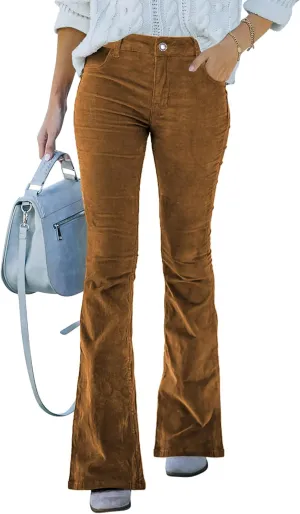 Corduroy Pants for Women High Waist Flare Pants Vintage Baggy Wide Leg Bell Bottom Trousers Pants with Pockets