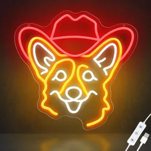Corgi Neon Signs for Wall Decor, Cute Dog Neon Sign Dimmable Cowboy Hat Neon Light Sign for Pet Shop Bedroom Party Decor, Animal LED Light Up Sign for Birthday Christmas Gifts Boys Girls