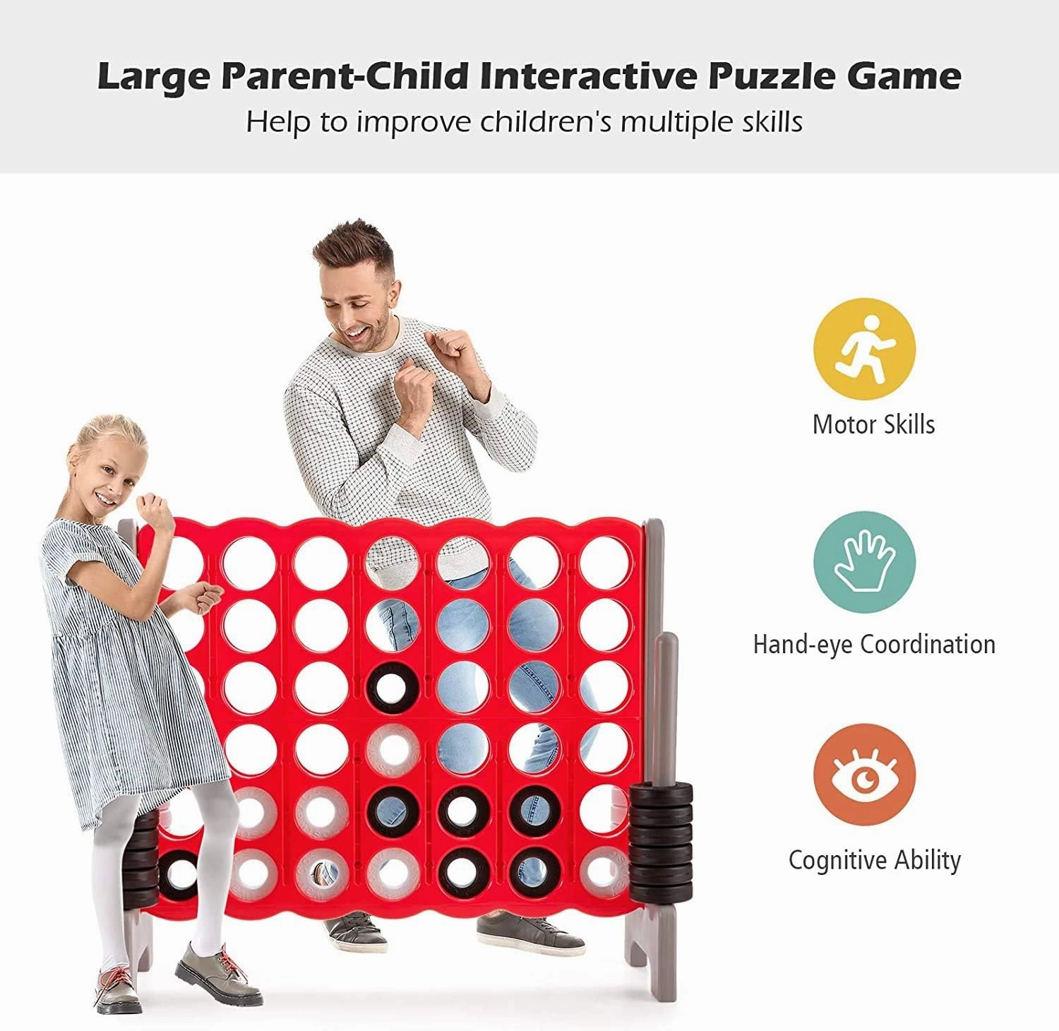 COSTWAY Jumbo 4-to-Score Giant Game Set with Storage Carrying Bag, 4 in A Row for Kids and Adults, Game Set with 42 Jumbo Rings & Quick-Release Slider, Perfect for Family Game