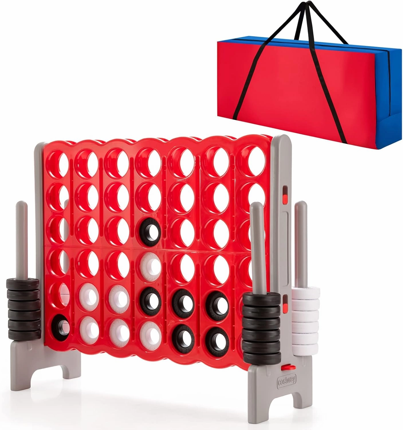 COSTWAY Jumbo 4-to-Score Giant Game Set with Storage Carrying Bag, 4 in A Row for Kids and Adults, Game Set with 42 Jumbo Rings & Quick-Release Slider, Perfect for Family Game