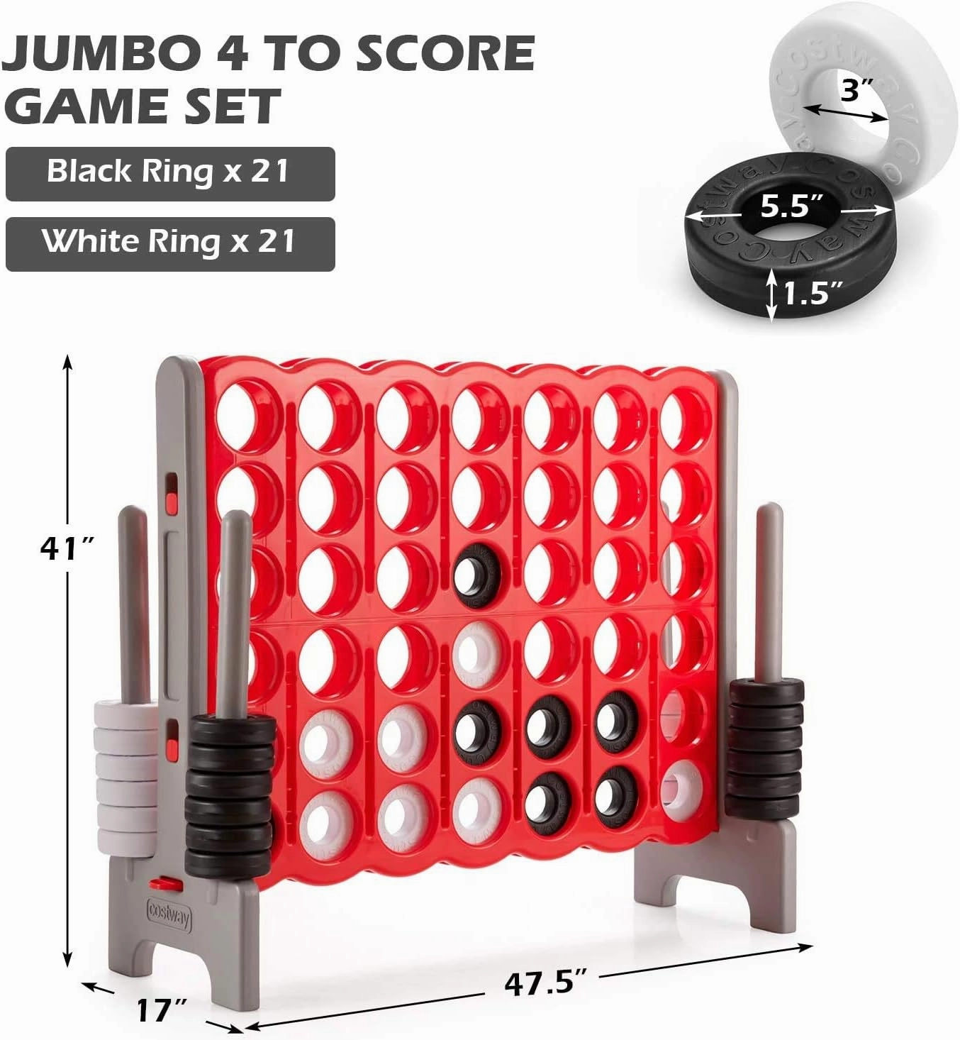 COSTWAY Jumbo 4-to-Score Giant Game Set with Storage Carrying Bag, 4 in A Row for Kids and Adults, Game Set with 42 Jumbo Rings & Quick-Release Slider, Perfect for Family Game