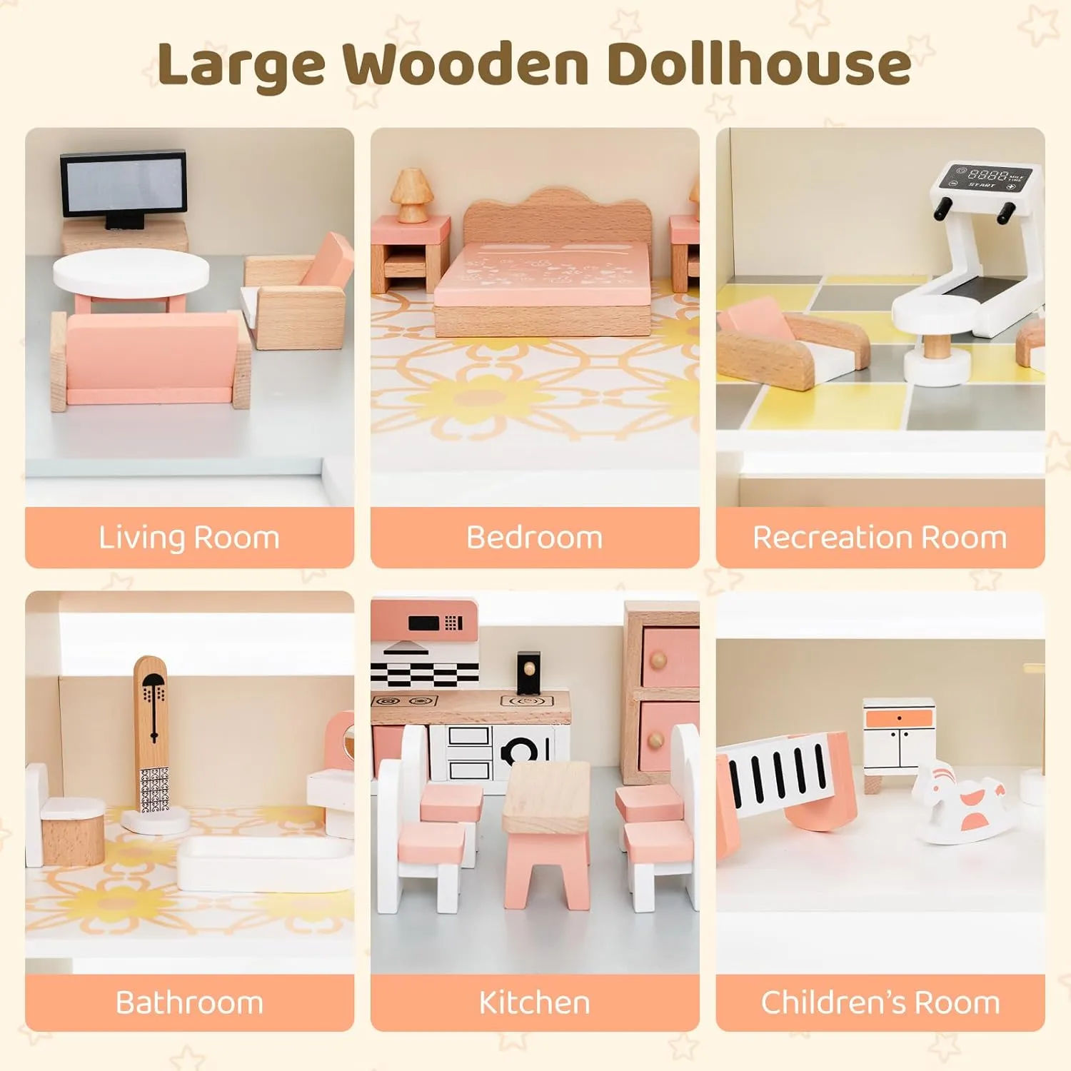Costzon Wooden Dollhouse for Kids, 3-Story Luxury Doll House with 41 Pieces Furniture Accessories, 8 Rooms, Stairs & Balcony, DIY Pretend Dollhouse Playset, Gift for Girls Toddlers Ages 3  (Pink)