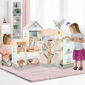 Costzon Wooden Dollhouse for Kids, 3-Story Luxury Doll House with 41 Pieces Furniture Accessories, 8 Rooms, Stairs & Balcony, DIY Pretend Dollhouse Playset, Gift for Girls Toddlers Ages 3  (Pink)