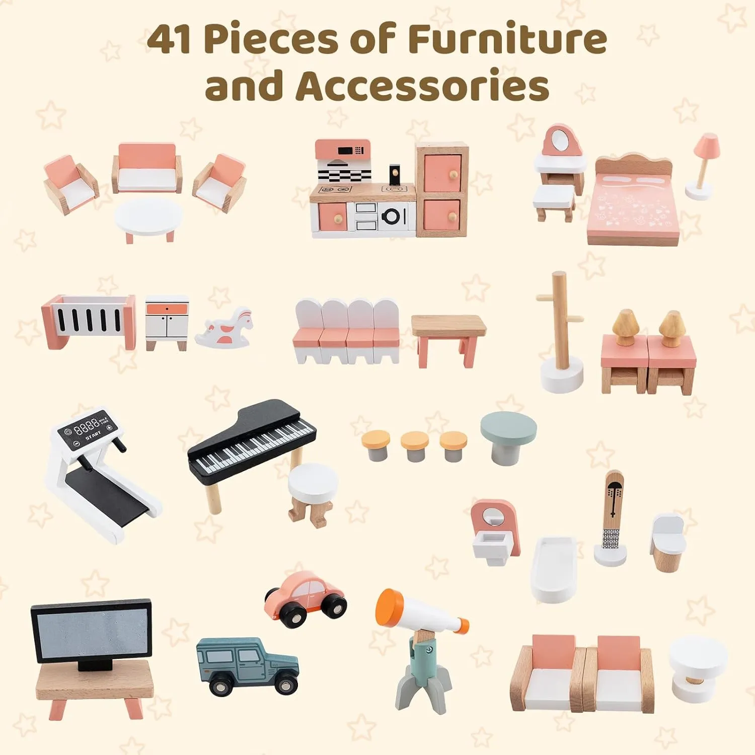 Costzon Wooden Dollhouse for Kids, 3-Story Luxury Doll House with 41 Pieces Furniture Accessories, 8 Rooms, Stairs & Balcony, DIY Pretend Dollhouse Playset, Gift for Girls Toddlers Ages 3  (Pink)