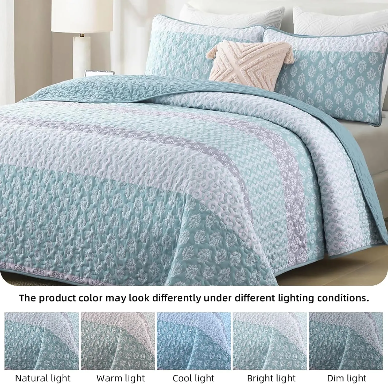 Cottolester Aqua Quilt Set Full Size Boho Striped Bedspread Lightweight Soft Microfiber Bedding Set 78"x90" (3 Pieces)
