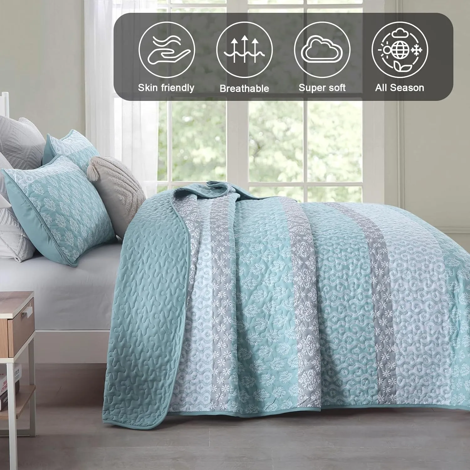 Cottolester Aqua Quilt Set Full Size Boho Striped Bedspread Lightweight Soft Microfiber Bedding Set 78"x90" (3 Pieces)