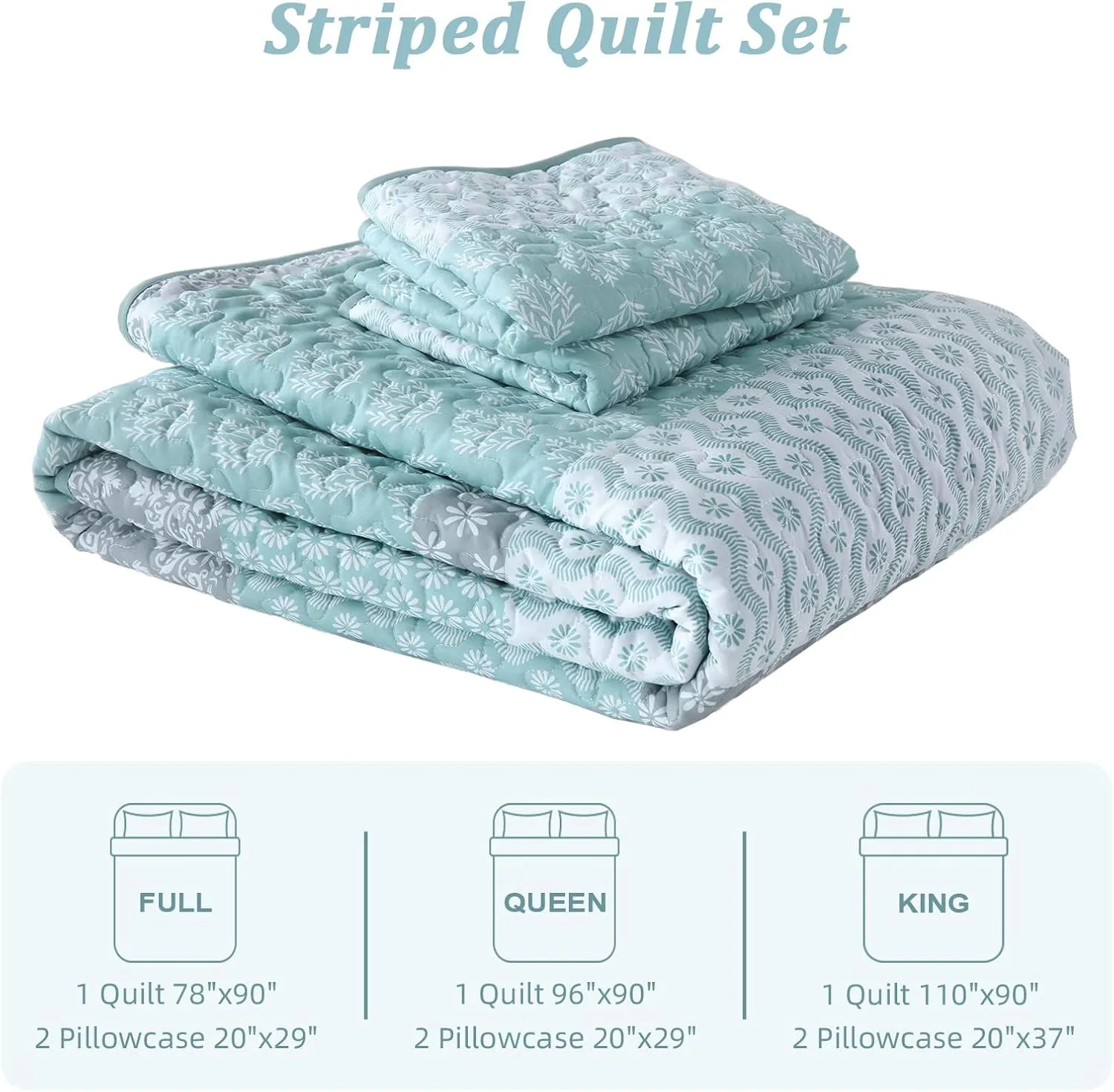 Cottolester Aqua Quilt Set Full Size Boho Striped Bedspread Lightweight Soft Microfiber Bedding Set 78"x90" (3 Pieces)