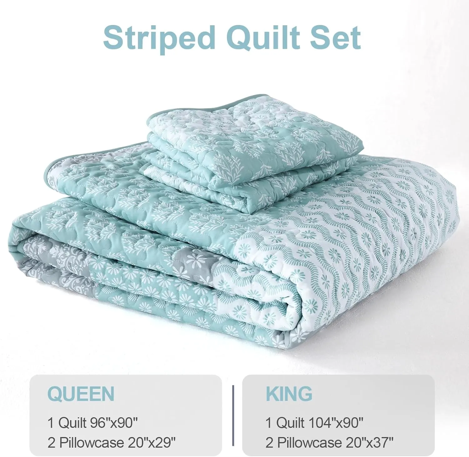 Cottolester Aqua Quilt Set Full Size Boho Striped Bedspread Lightweight Soft Microfiber Bedding Set 78"x90" (3 Pieces)