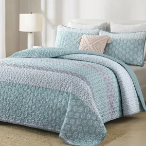 Cottolester Aqua Quilt Set Full Size Boho Striped Bedspread Lightweight Soft Microfiber Bedding Set 78"x90" (3 Pieces)