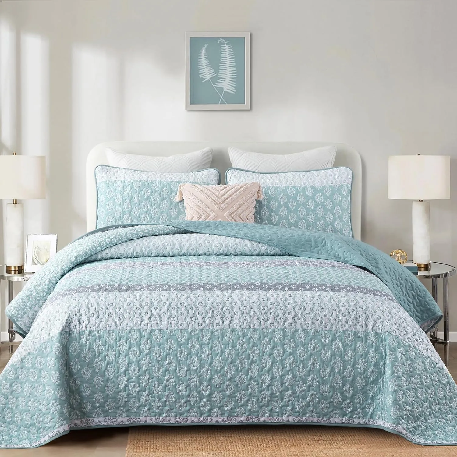 Cottolester Aqua Quilt Set Full Size Boho Striped Bedspread Lightweight Soft Microfiber Bedding Set 78"x90" (3 Pieces)