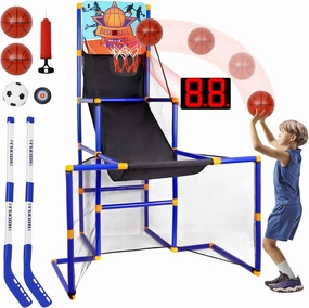 COUOMOXA Basketball Football Hockey Set for Kids: 3 4 5 6 7 8 9 Years Old Fun Indoor Outdoor Sports Toys for Boys Girls - 3-in-1 Workout Game with Hoop Goal Net - Birthday Gift for Child 3 