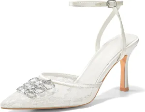 Coutgo Womens Rhinestone High Heels Closed Pionted Toe Bow Mesh Pumps Ankle Strap Wedding Bride Dress Shoes