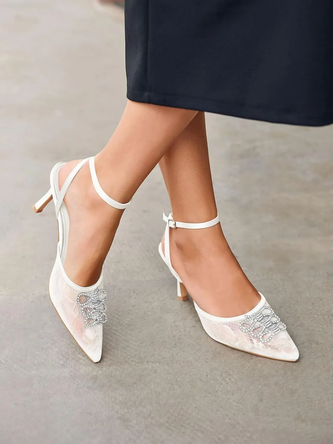 Coutgo Womens Rhinestone High Heels Closed Pionted Toe Bow Mesh Pumps Ankle Strap Wedding Bride Dress Shoes