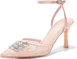 Coutgo Womens Rhinestone High Heels Closed Pionted Toe Bow Mesh Pumps Ankle Strap Wedding Bride Dress Shoes