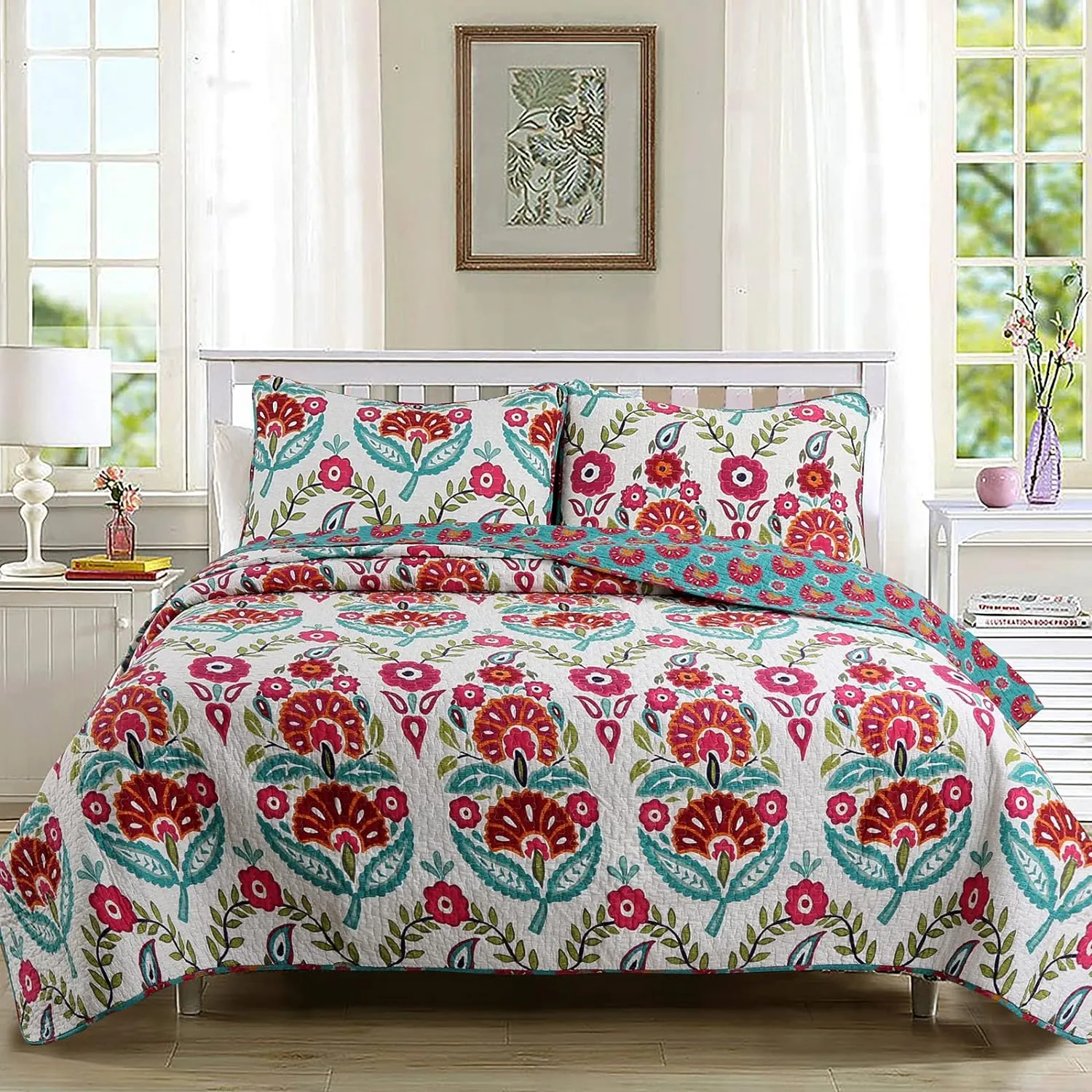 Cozy Line Home Fashions 3-Piece Queen Cotton Reversible Quilt Bedding Set, Happy Floral Modern Vector Chintz Fuchsia Pink Garden Flowers Coverlet Bedspread for All Season