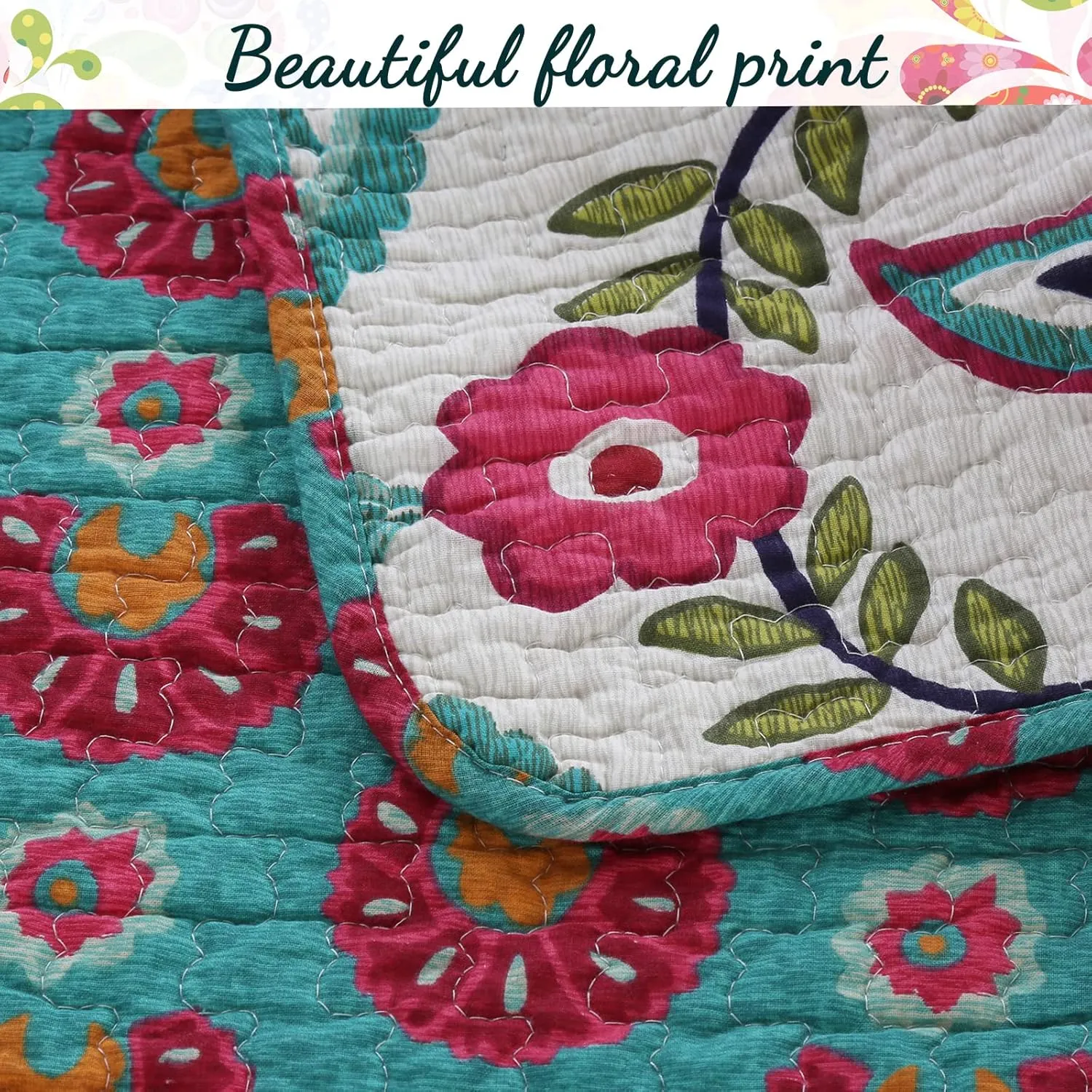 Cozy Line Home Fashions 3-Piece Queen Cotton Reversible Quilt Bedding Set, Happy Floral Modern Vector Chintz Fuchsia Pink Garden Flowers Coverlet Bedspread for All Season