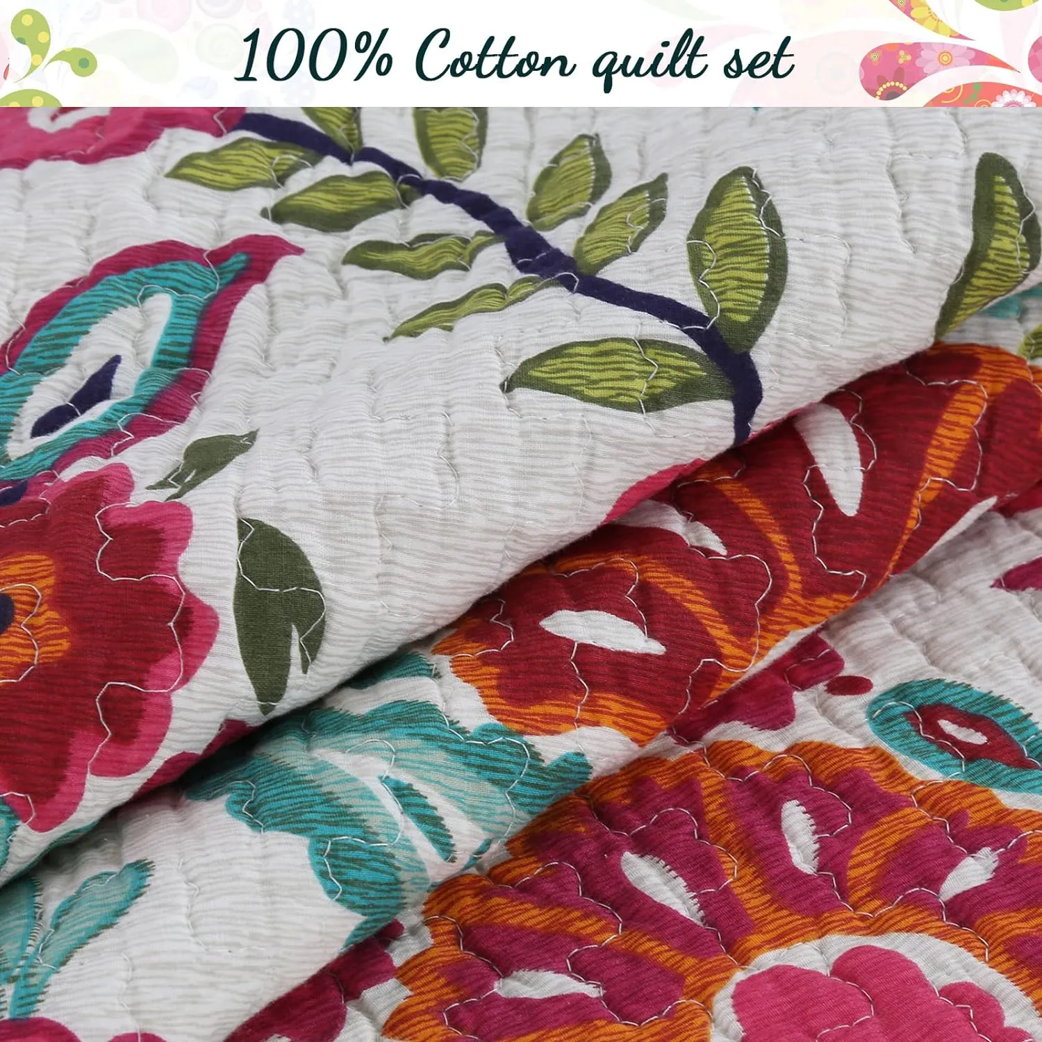 Cozy Line Home Fashions 3-Piece Queen Cotton Reversible Quilt Bedding Set, Happy Floral Modern Vector Chintz Fuchsia Pink Garden Flowers Coverlet Bedspread for All Season