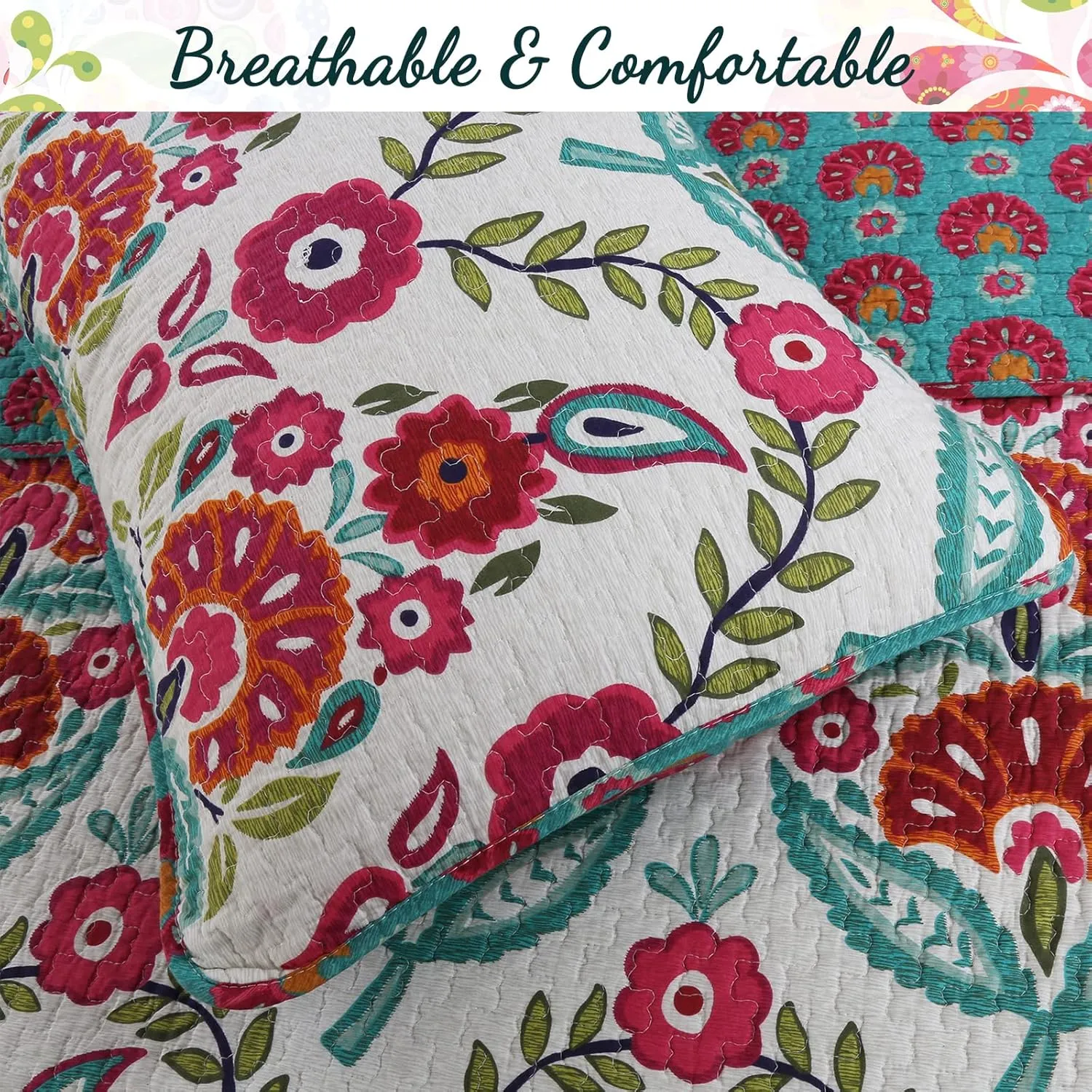 Cozy Line Home Fashions 3-Piece Queen Cotton Reversible Quilt Bedding Set, Happy Floral Modern Vector Chintz Fuchsia Pink Garden Flowers Coverlet Bedspread for All Season