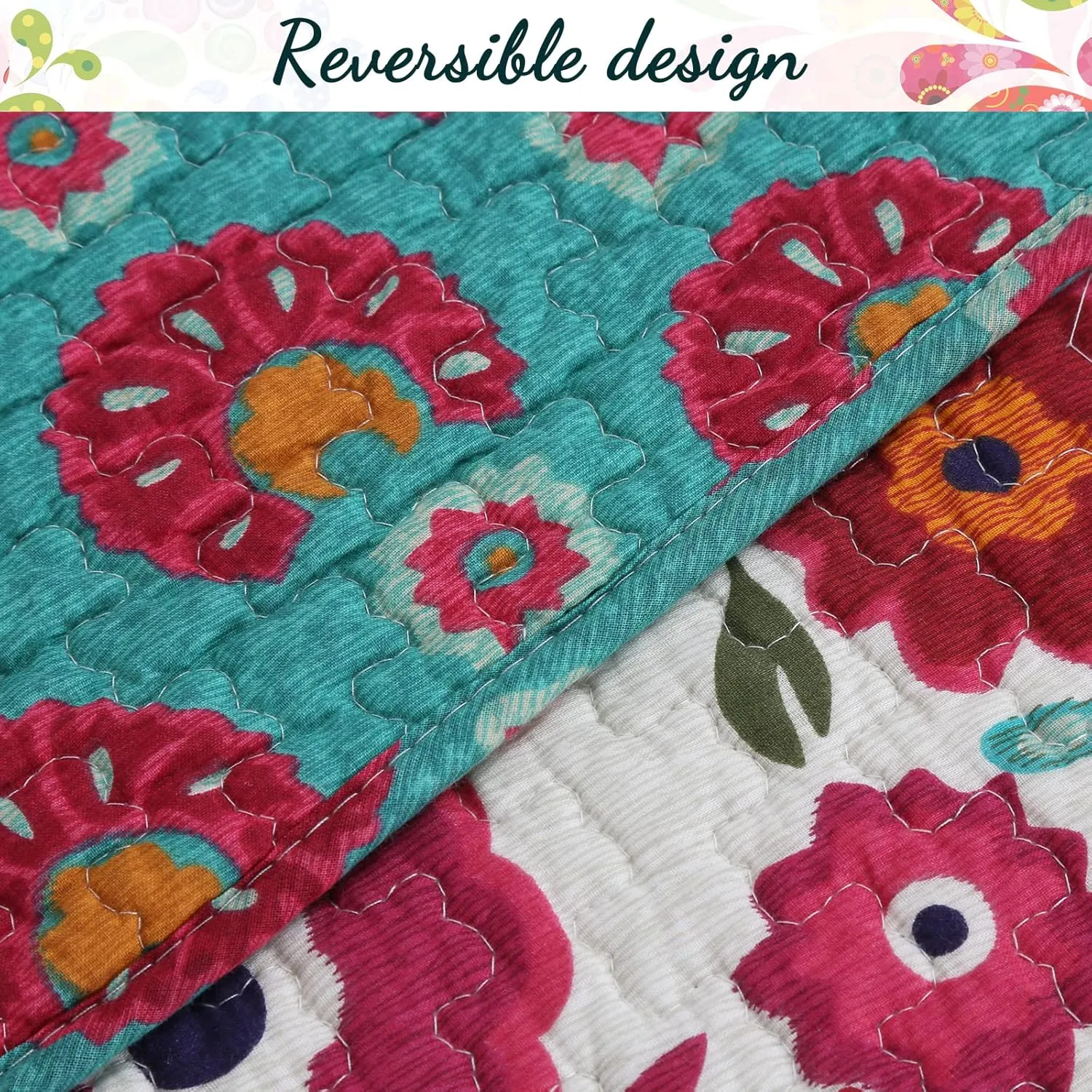 Cozy Line Home Fashions 3-Piece Queen Cotton Reversible Quilt Bedding Set, Happy Floral Modern Vector Chintz Fuchsia Pink Garden Flowers Coverlet Bedspread for All Season