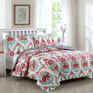 Cozy Line Home Fashions 3-Piece Queen Cotton Reversible Quilt Bedding Set, Happy Floral Modern Vector Chintz Fuchsia Pink Garden Flowers Coverlet Bedspread for All Season