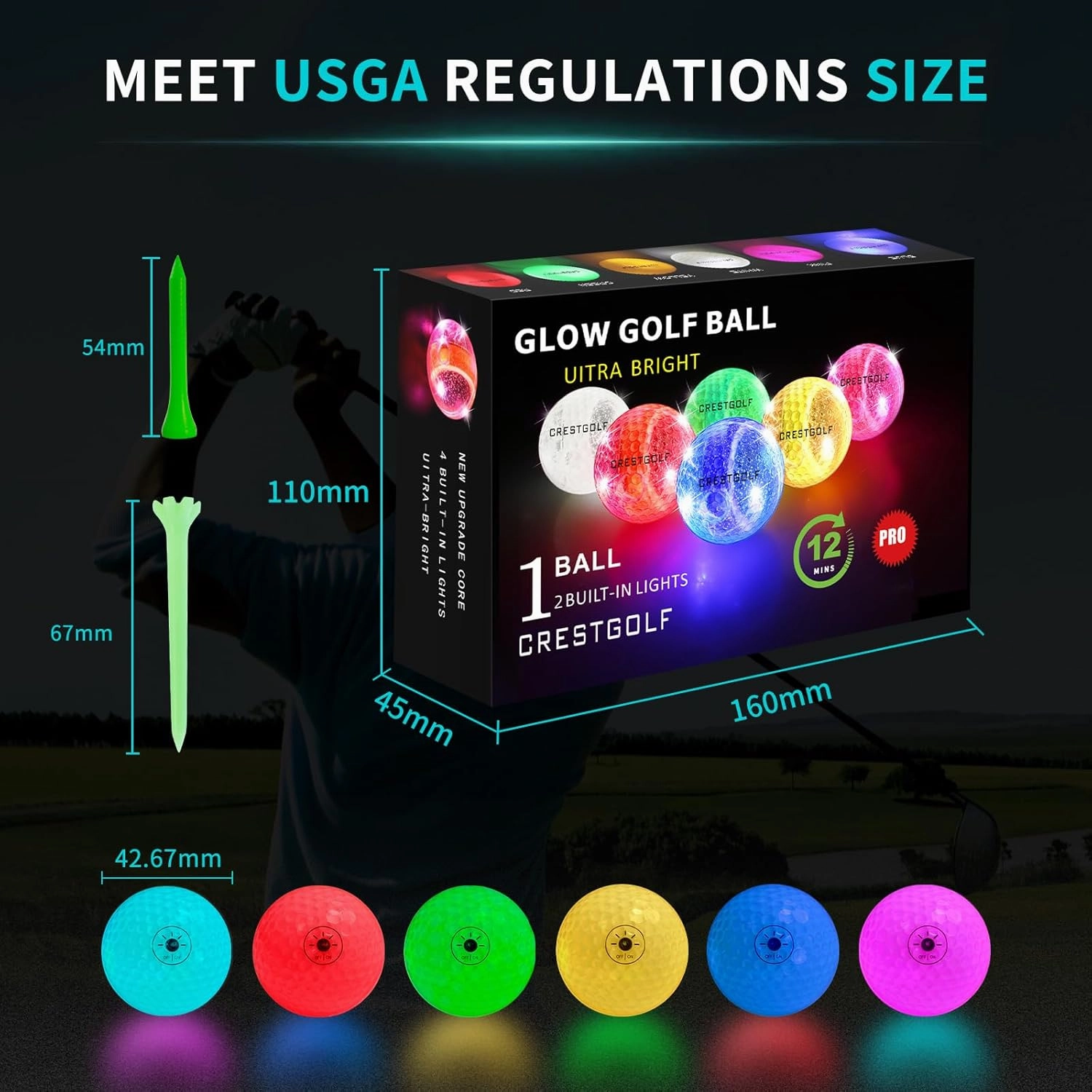 Crestgolf Led Glow Golf Balls in The Dark, Night [Built-in 4 Led] Lights Golf Balls Bright for Golf Long Distance