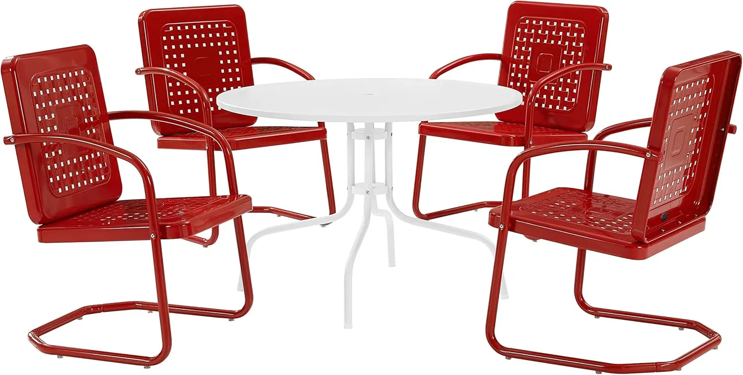 Crosley Furniture Bates 5-Piece Outdoor Dining Set for 4, Retro Metal Round Patio Table and Chairs for Deck, Bright Red Gloss
