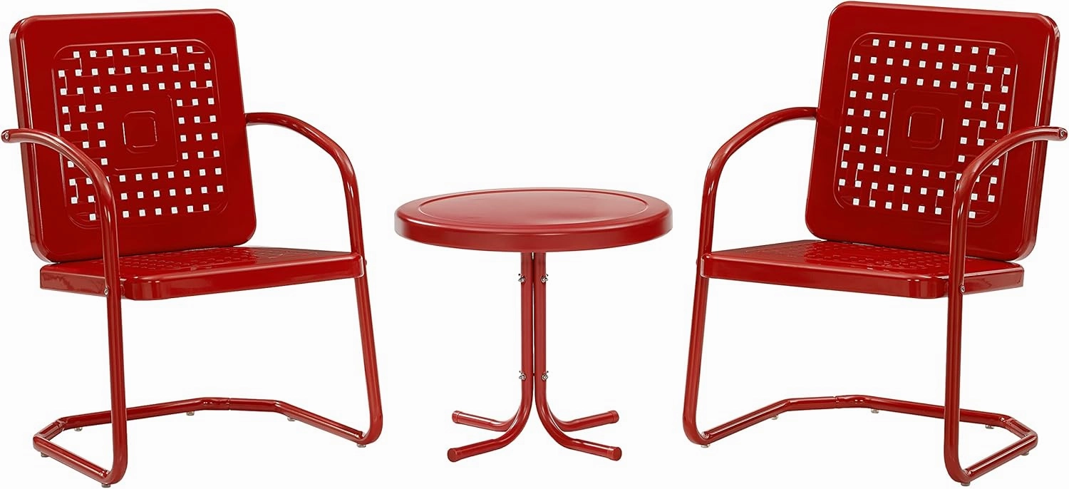 Crosley Furniture Bates 3-Piece Outdoor Chair and Side Table Set, Retro Metal Bistro Patio Conversation Sets, Bright Red Gloss