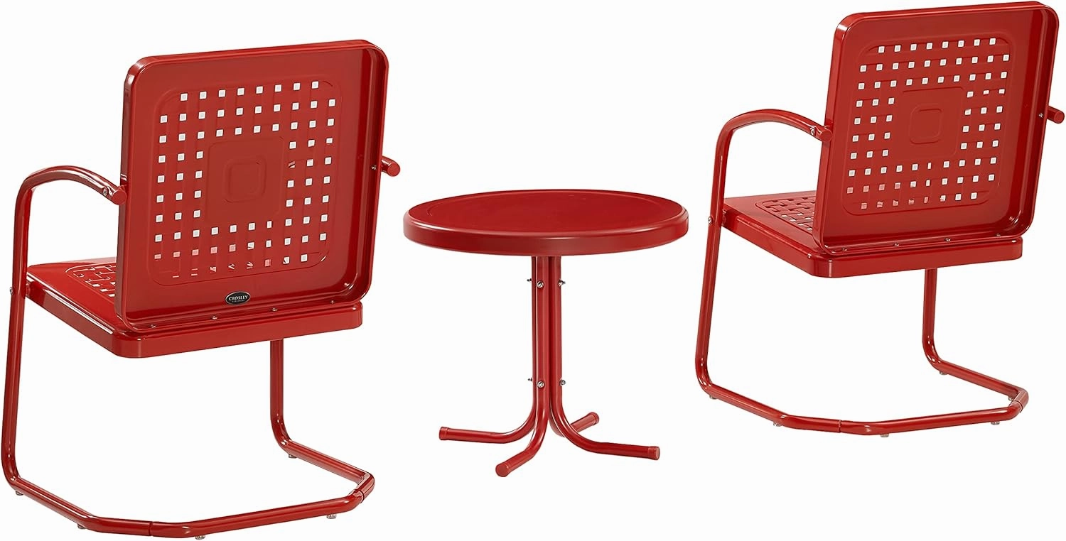 Crosley Furniture Bates 3-Piece Outdoor Chair and Side Table Set, Retro Metal Bistro Patio Conversation Sets, Bright Red Gloss