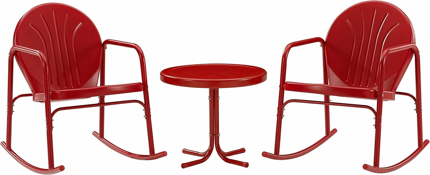 Crosley Furniture Griffith 3-Piece Outdoor Rocking Chair and Side Table Set, Retro Metal Bistro Patio Sets, Bright Red Gloss