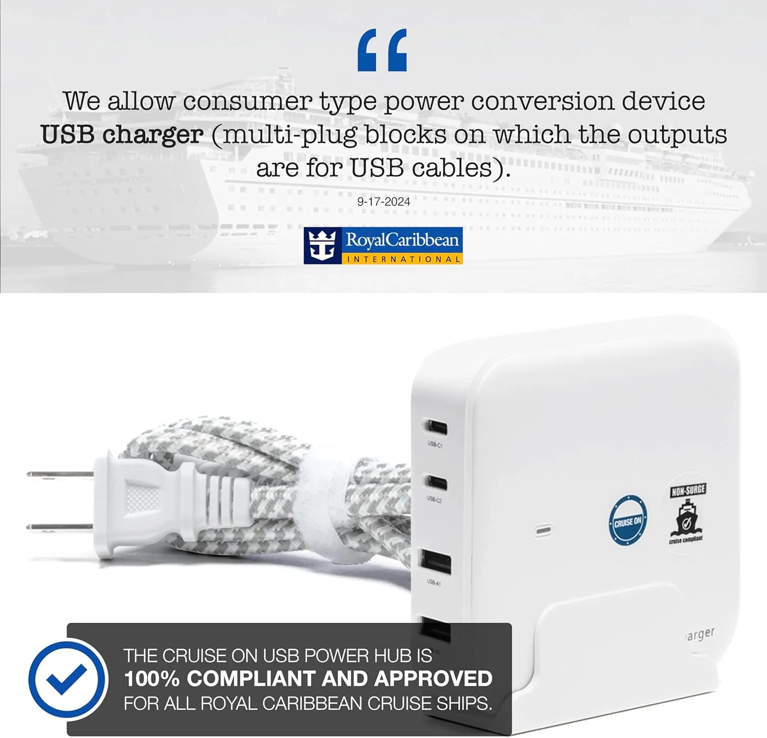 Cruise Approved Power Strip (Royal Caribbean, Disney & More) - Non Surge USB Charger [2 USB, 2 USB-C] 4 Port Charging Station, 3.8 ft Cord for iPhone, iPad, Laptops, More - Cruise Ship Essentials 2025