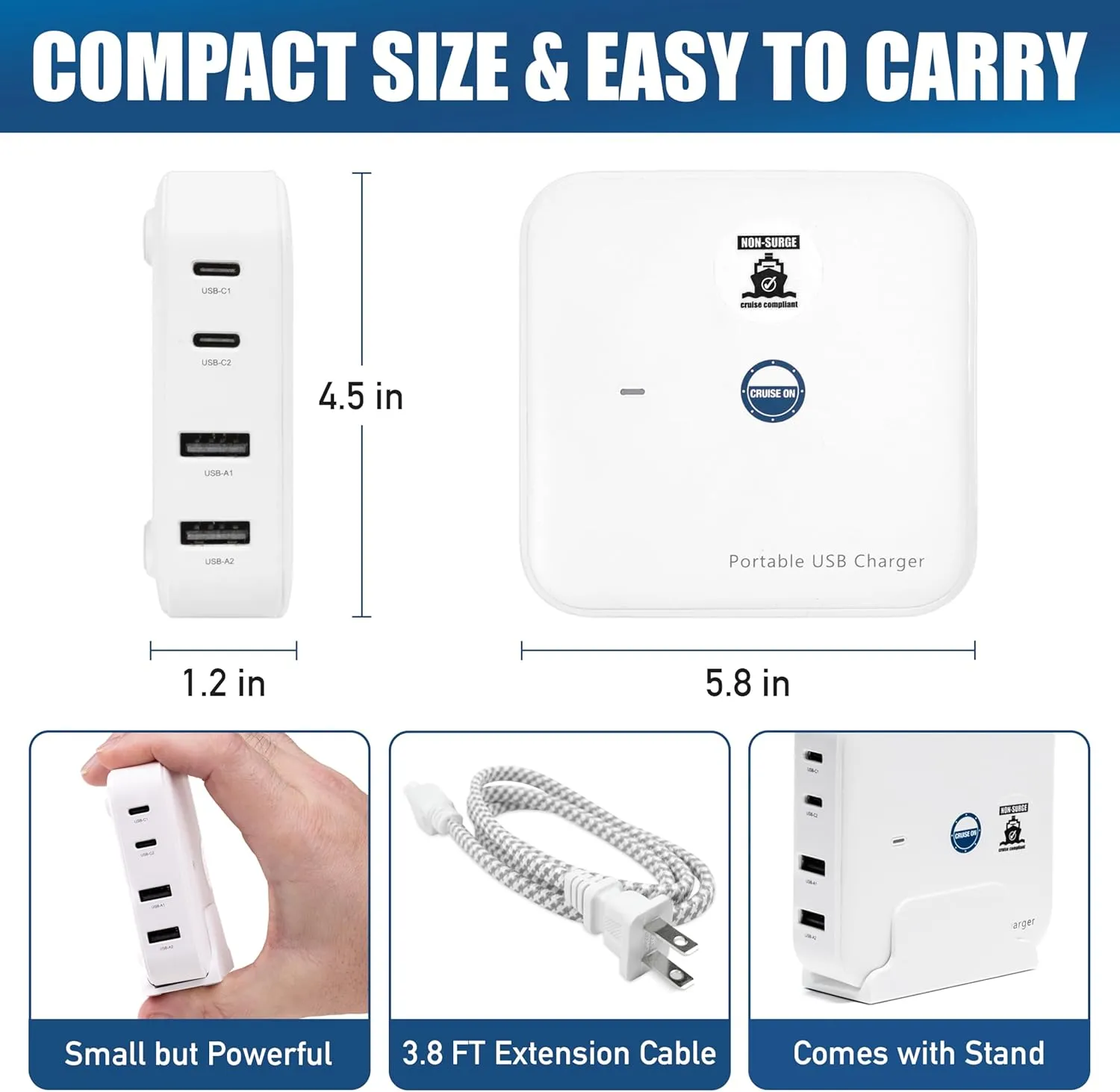 Cruise Approved Power Strip (Royal Caribbean, Disney & More) - Non Surge USB Charger [2 USB, 2 USB-C] 4 Port Charging Station, 3.8 ft Cord for iPhone, iPad, Laptops, More - Cruise Ship Essentials 2025