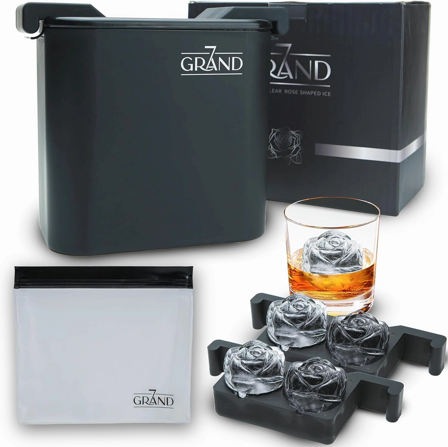 Crystal Clear Ice Ball Maker - 2 Piece Rose Ice Cube Mold Makes Large, Clear Rose Shaped Round Ice Cubes - Cocktail Ice Maker with Silicone Container - Durable, Freezer-Safe, Food-Safe - 7Grand