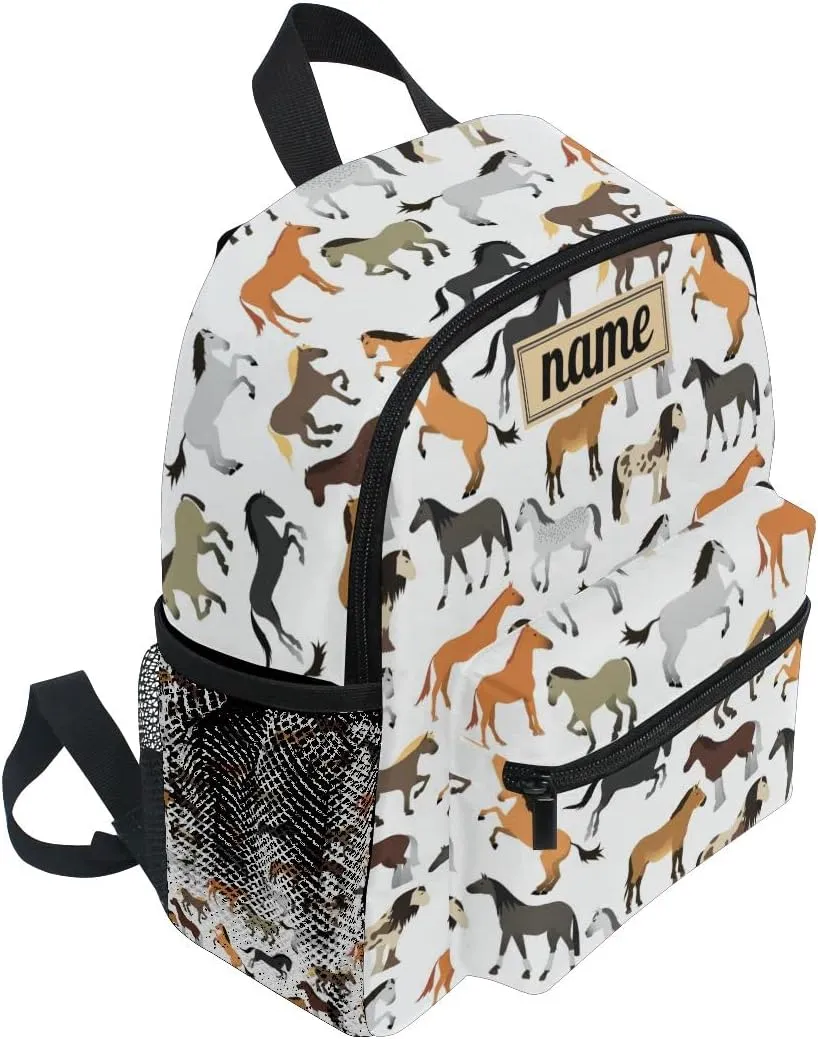 Custom Kid's Name Backpack, Cute Horse Toddler Backpack for Daycare Travel, Personalized Name Preschool Bookbags for Boys Girls