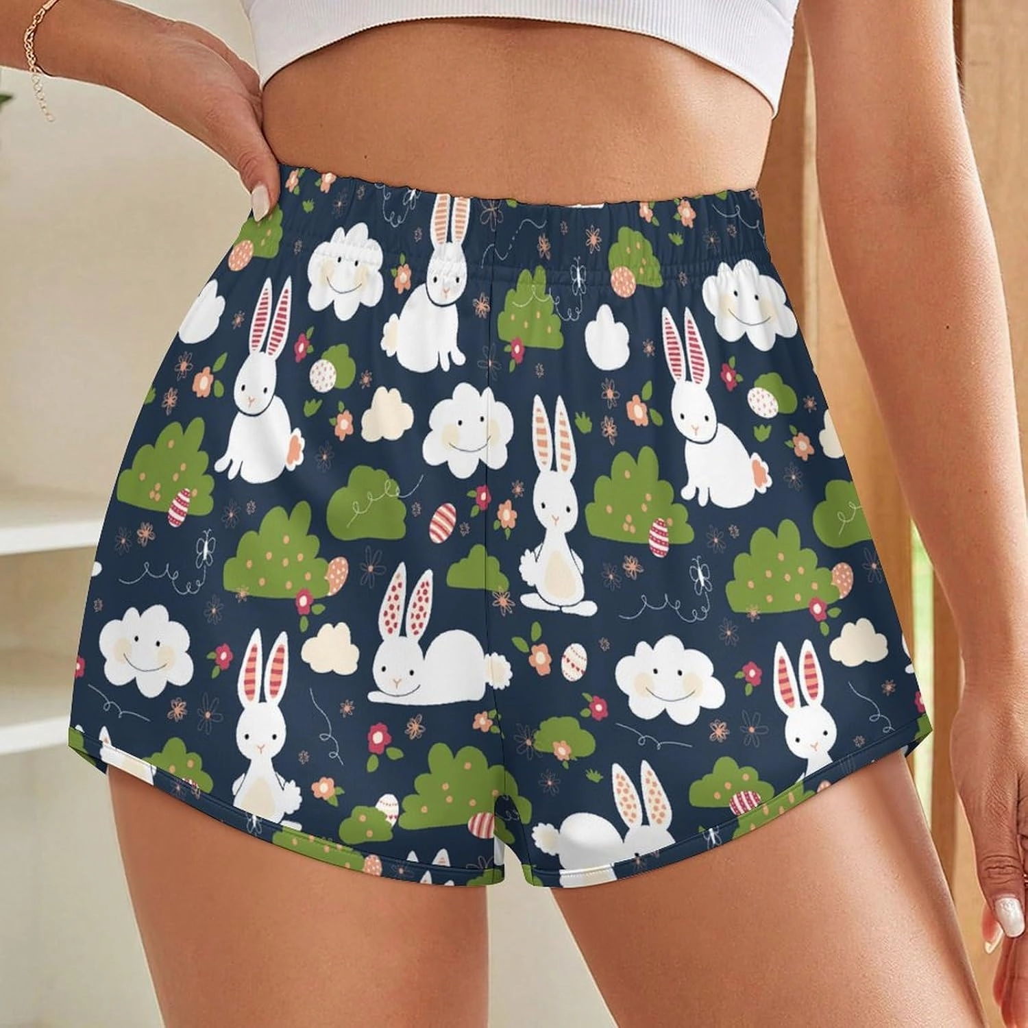 Cute Easter BunniesWomen's Sports Shorts, Casual Home Set, Suitable for Sports, Home