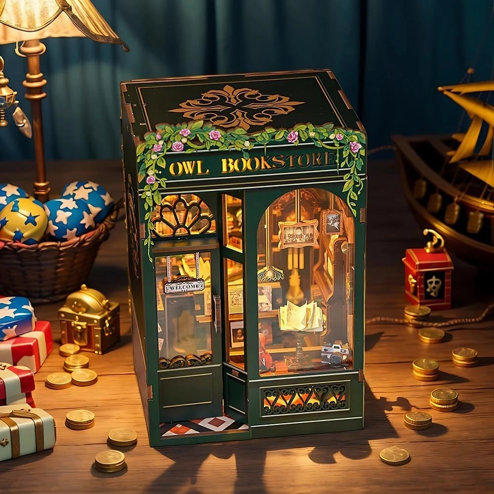 Cutefun Book Nook Kit - DIY Miniature House Kit for Bookshelf Decor, Book Nook Kits for Adults & Beginners, 3D Wooden Puzzle Dollhouse, Ideal Gift for Family and Friends (OWL Bookstore)