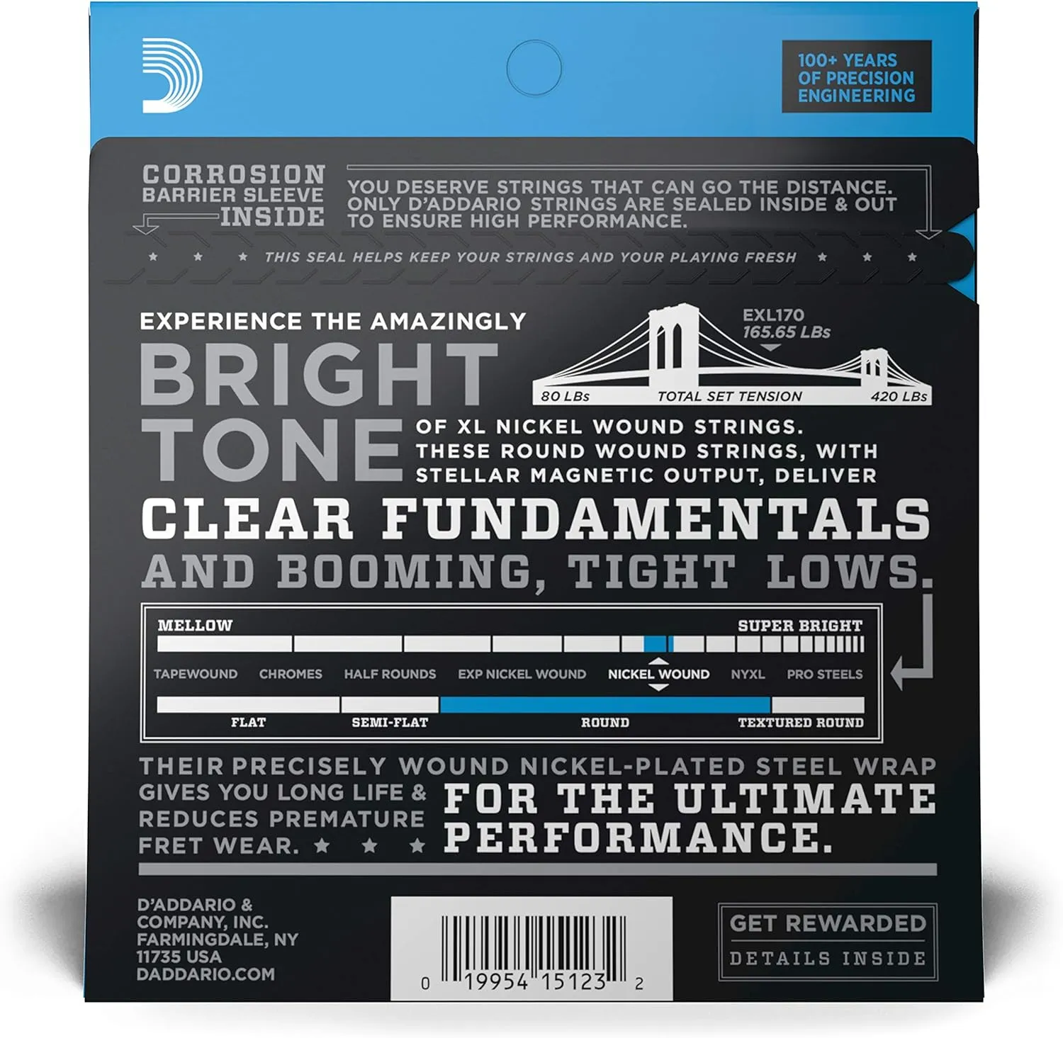 D'Addario Bass Guitar Strings - XL Nickel - EXL170 - Perfect Intonation, Consistent Feel, Powerful Durability - 4 String Set - 45-100 Regular Light, Long Scale
