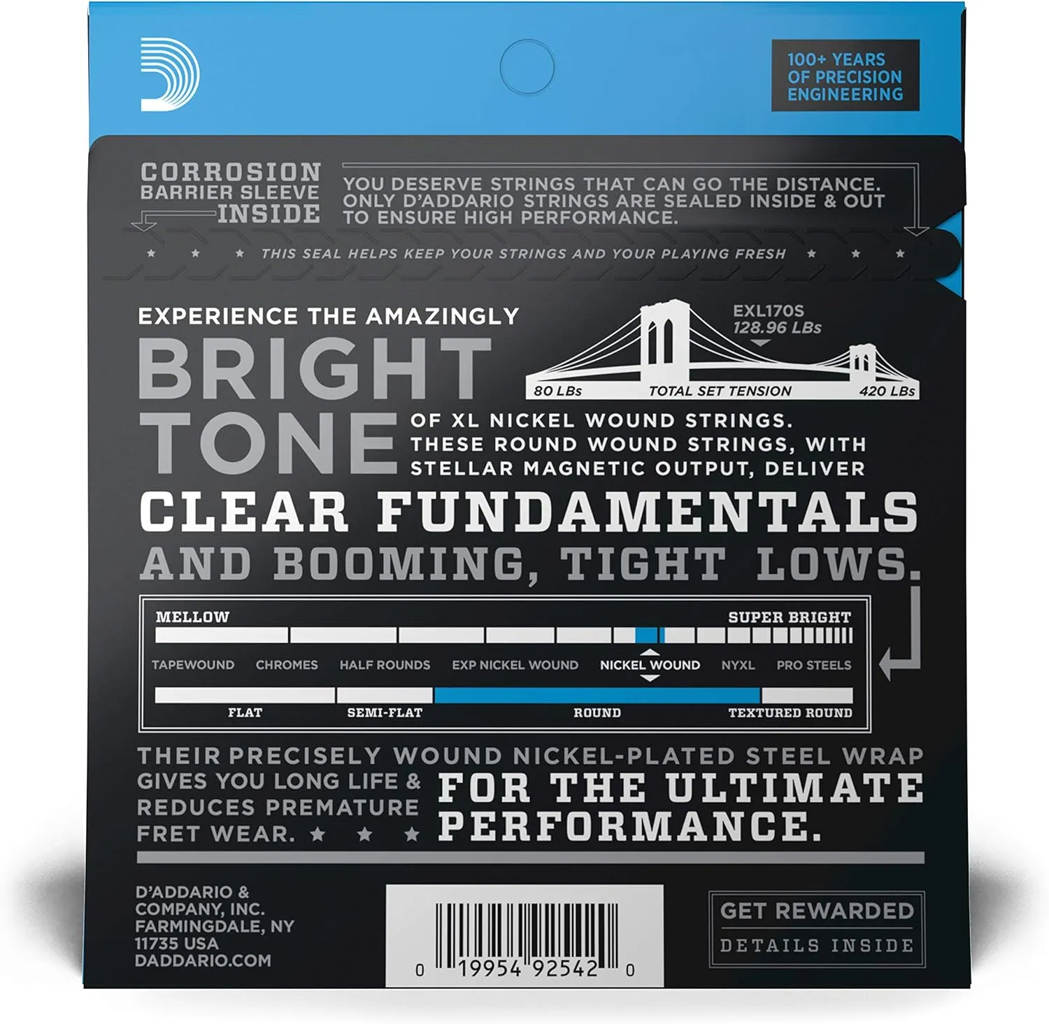 D'Addario Bass Guitar Strings - XL Nickel - EXL170S - Perfect Intonation, Consistent Feel, Powerful Durability - 4 String Set - 45-100 Regular Light, Short Scale