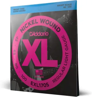 D'Addario Bass Guitar Strings - XL Nickel - EXL170S - Perfect Intonation, Consistent Feel, Powerful Durability - 4 String Set - 45-100 Regular Light, Short Scale