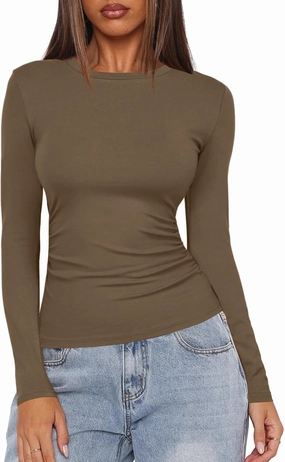 Darong Women's Long Sleeve Crew Neck Shirts Fall Basic Casual Ruched Side Slim Fit T Shirts Tee Tops