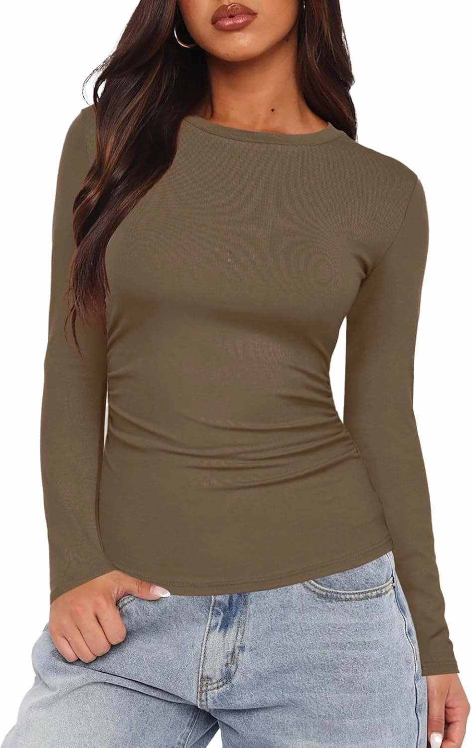 Darong Women's Long Sleeve Crew Neck Shirts Fall Basic Casual Ruched Side Slim Fit T Shirts Tee Tops